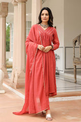 Dusty Red Cotton Solid V-Neck Anarkali Suit Set