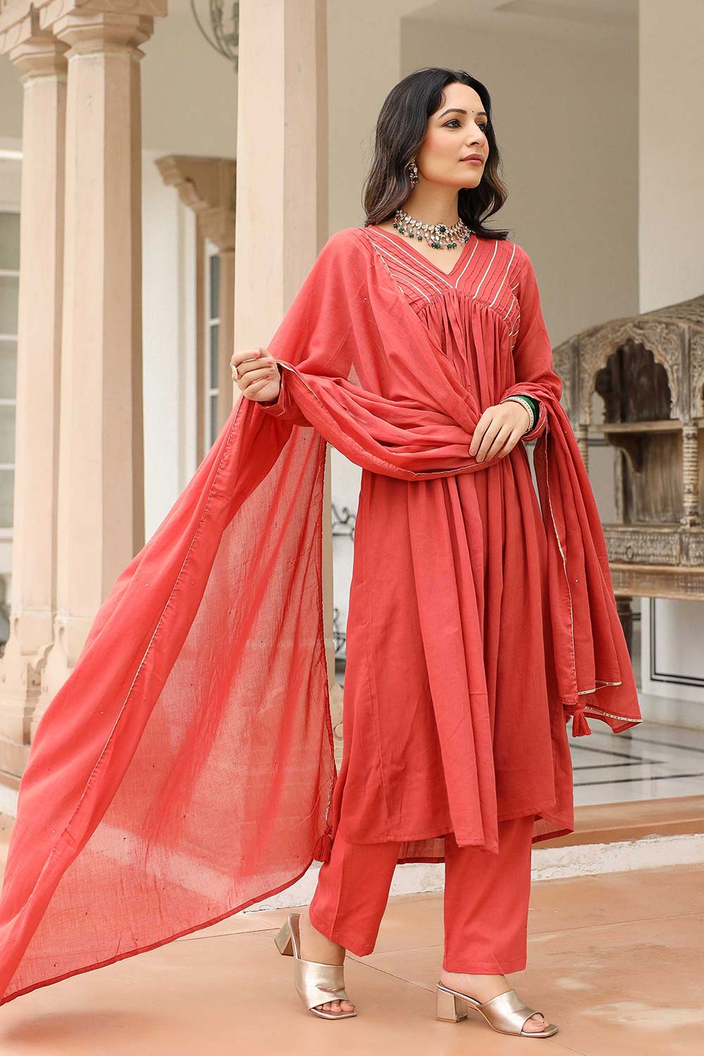 Dusty Red Cotton Solid V-Neck Anarkali Suit Set