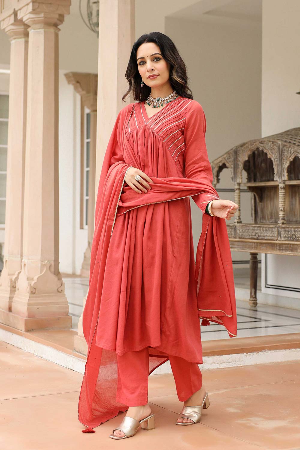 Dusty Red Cotton Solid V-Neck Anarkali Suit Set