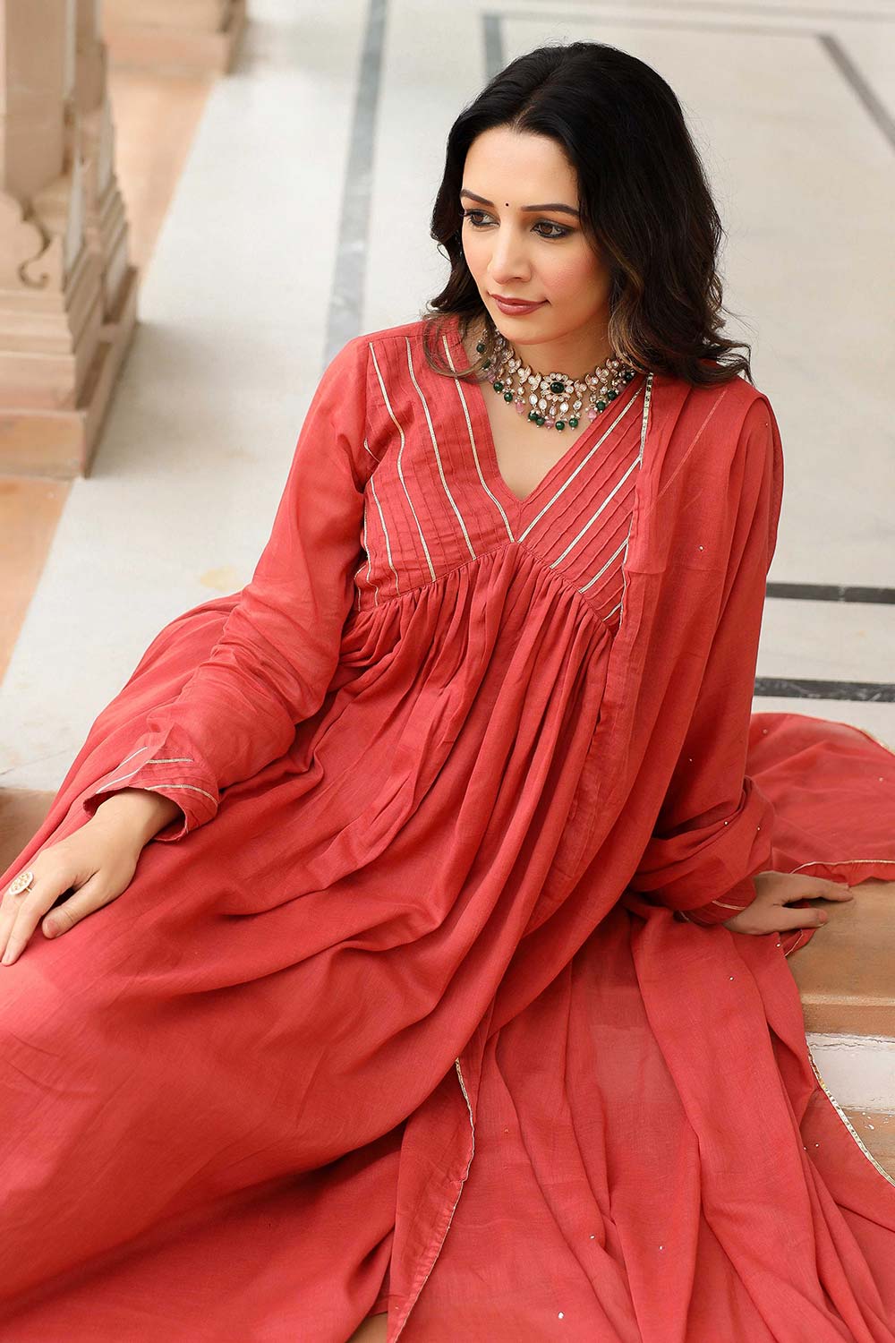 Dusty Red Cotton Solid V-Neck Anarkali Suit Set