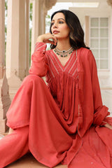 Dusty Red Cotton Solid V-Neck Anarkali Suit Set