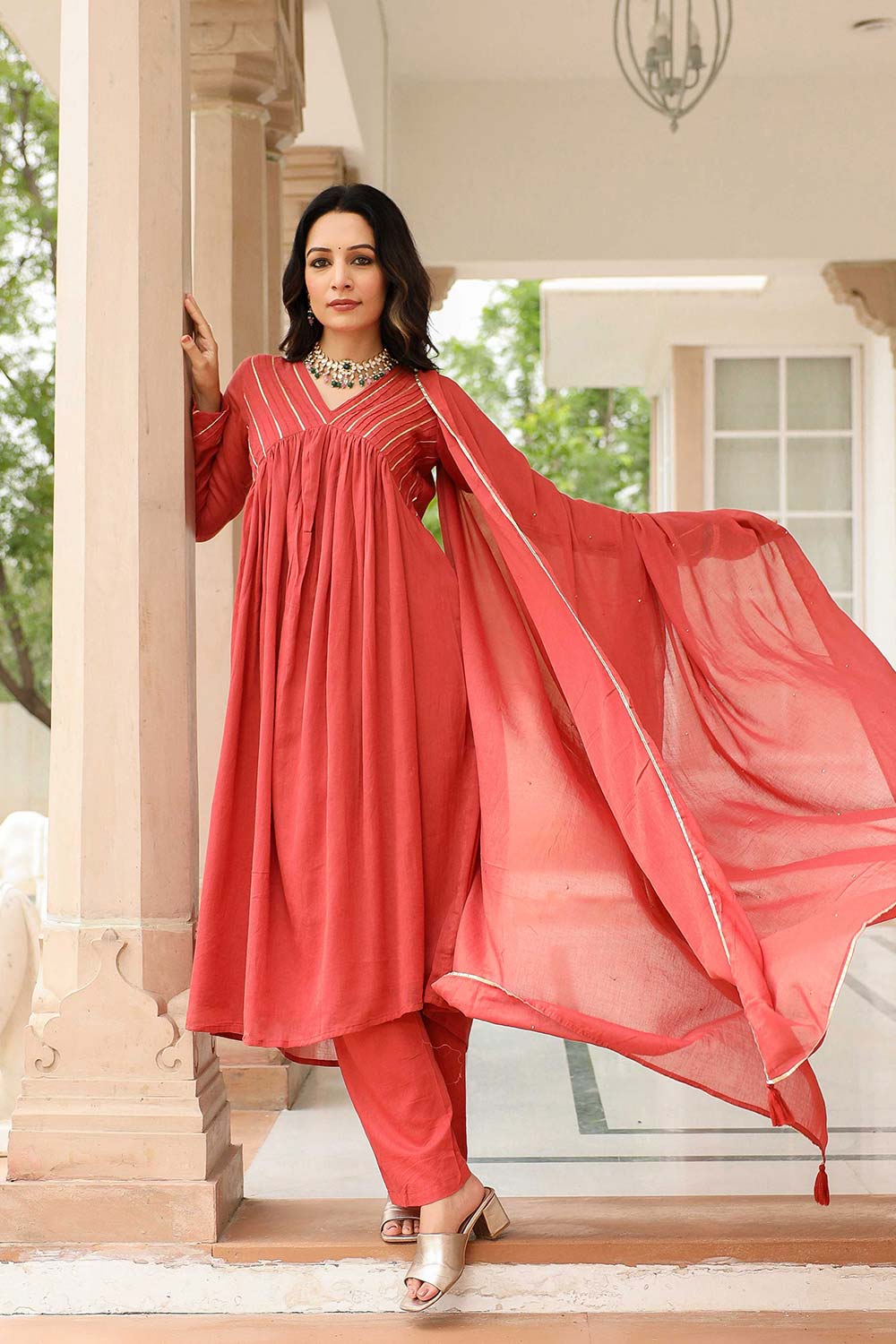 Dusty Red Cotton Solid V-Neck Anarkali Suit Set