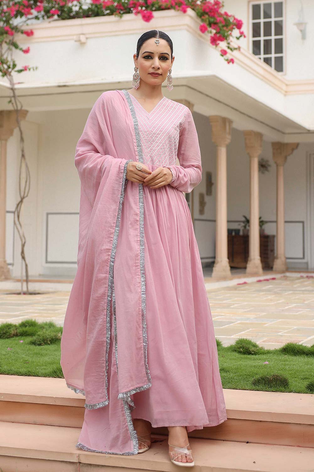 Baby Pink Cotton Solid V-Neck Anarkali Suit Set