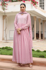 Baby Pink Cotton Solid V-Neck Anarkali Suit Set