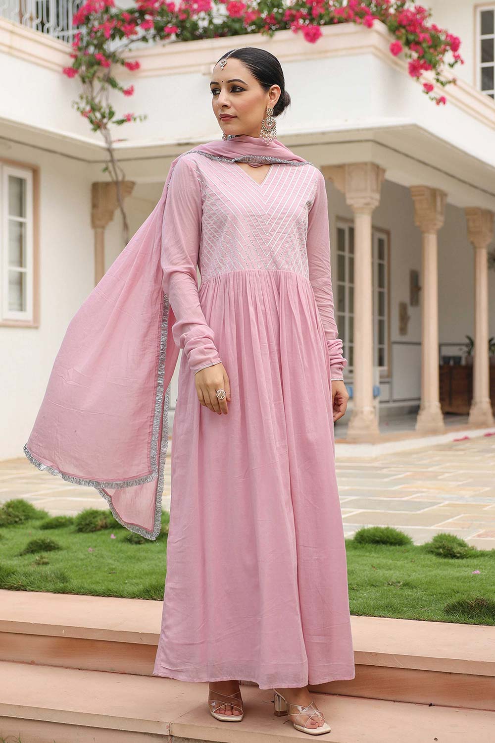 Baby Pink Cotton Solid V-Neck Anarkali Suit Set