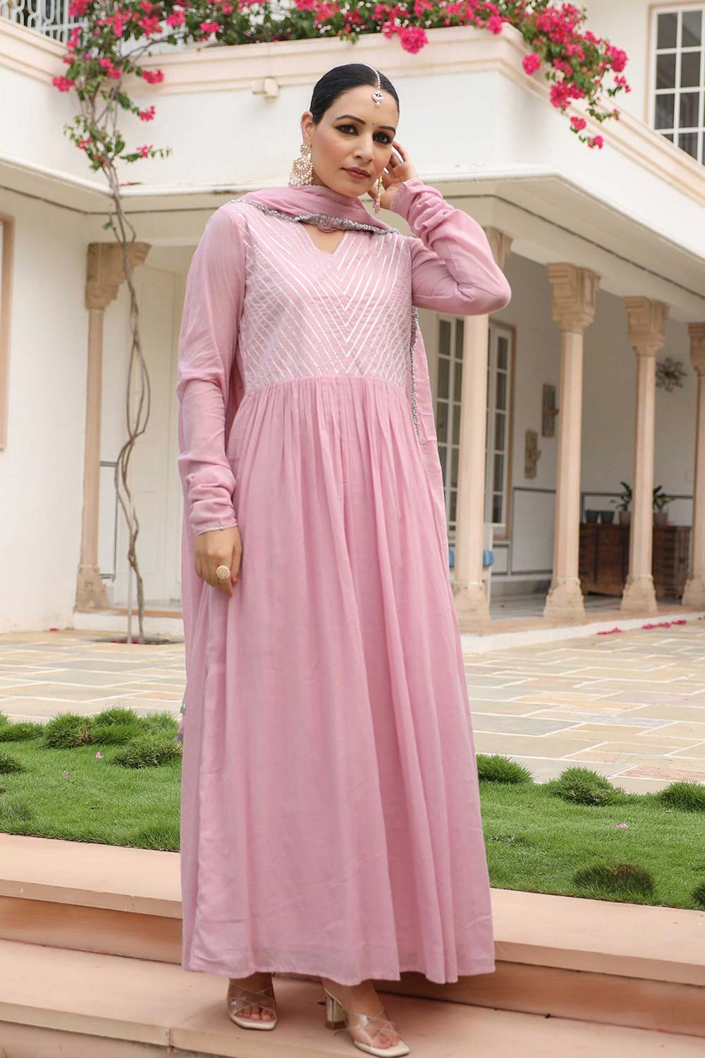 Baby Pink Cotton Solid V-Neck Anarkali Suit Set