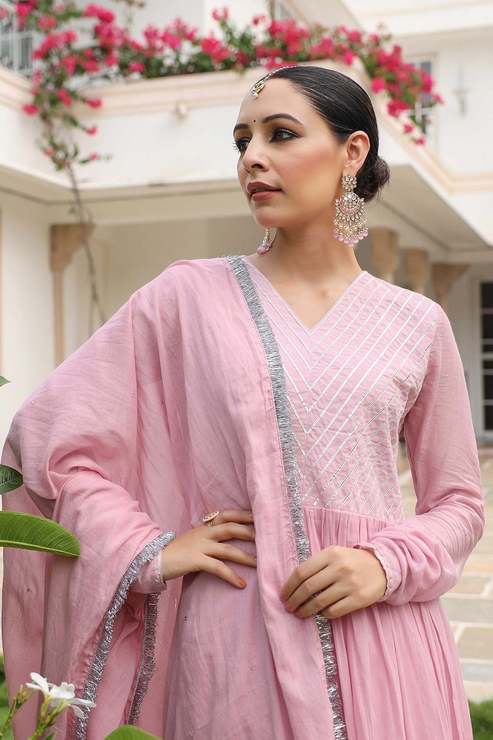 Baby Pink Cotton Solid V-Neck Anarkali Suit Set