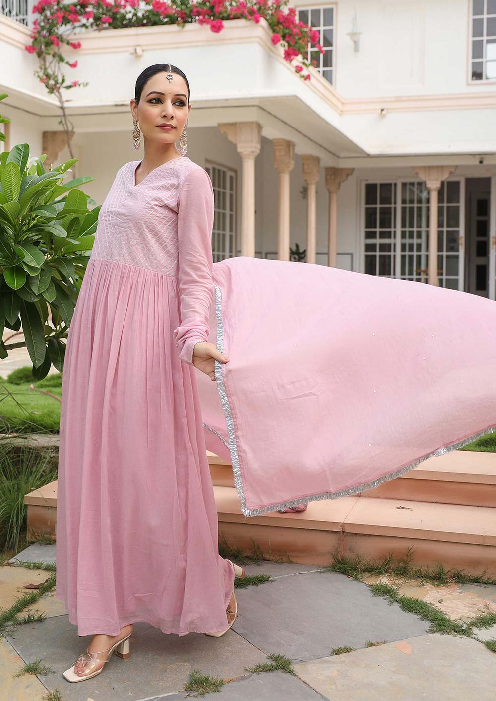 Baby Pink Cotton Solid V-Neck Anarkali Suit Set