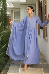 Lavender Blue Cotton Solid V-Neck Anarkali Suit Set