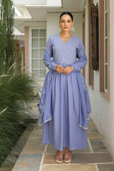 Lavender Blue Cotton Solid V-Neck Anarkali Suit Set