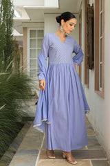 Lavender Blue Cotton Solid V-Neck Anarkali Suit Set