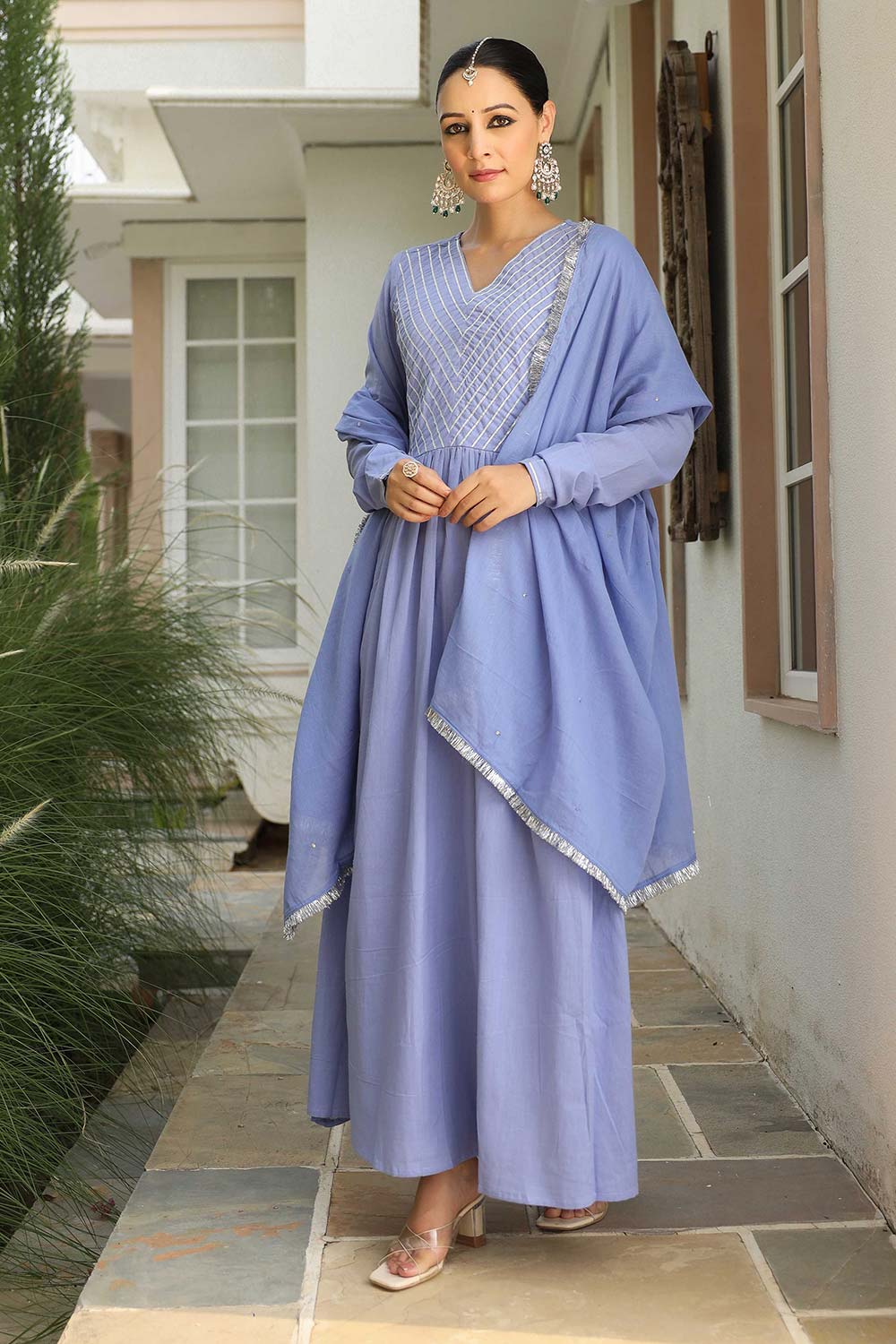 Lavender Blue Cotton Solid V-Neck Anarkali Suit Set