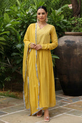 Mustard Cotton Solid V-Neck Anarkali Suit Set