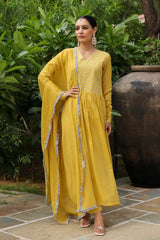 Mustard Cotton Solid V-Neck Anarkali Suit Set