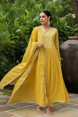 Mustard Cotton Solid V-Neck Anarkali Suit Set