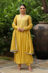 Mustard Cotton Solid V-Neck Anarkali Suit Set