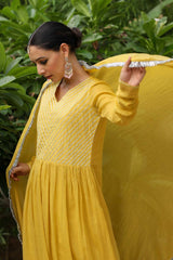 Mustard Cotton Solid V-Neck Anarkali Suit Set