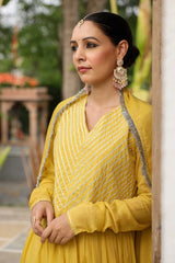 Mustard Cotton Solid V-Neck Anarkali Suit Set