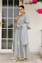 Grey Cotton Solid Round Neck Suit Set