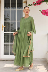 Light Green Cotton Solid Round Neck Suit Set