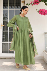 Light Green Cotton Solid Round Neck Suit Set