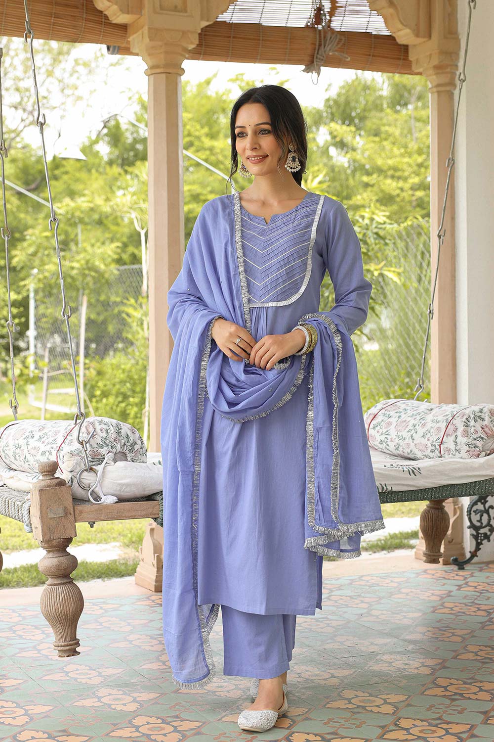 Lavender Blue Cotton Solid Round Neck Suit Set