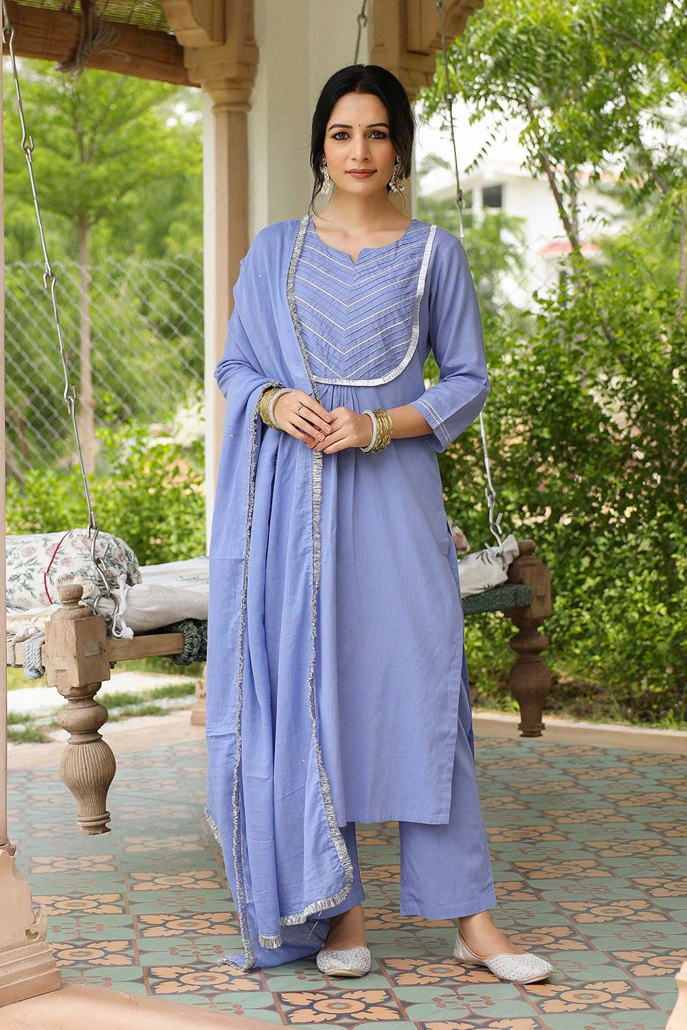 Lavender Blue Cotton Solid Round Neck Suit Set