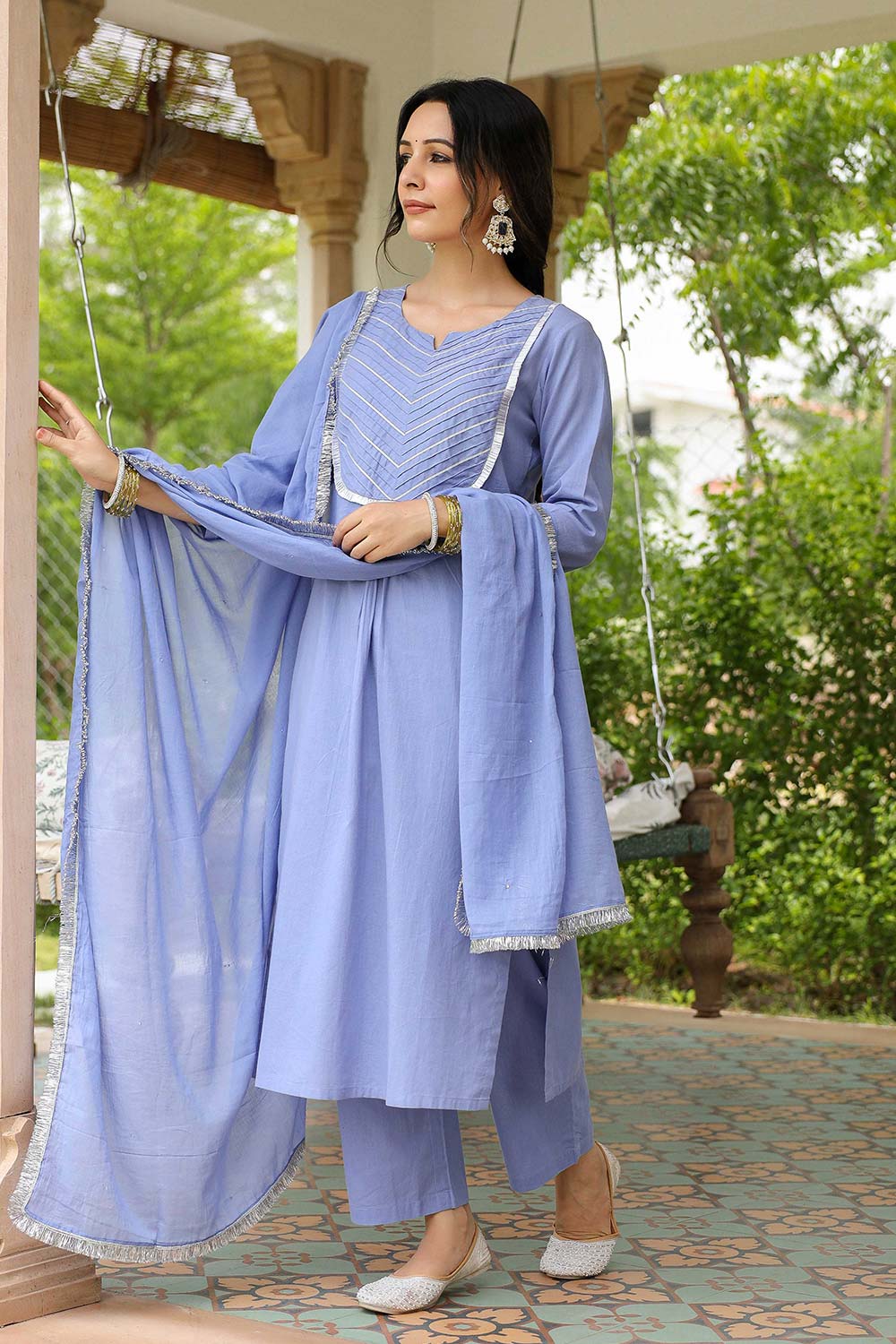 Lavender Blue Cotton Solid Round Neck Suit Set