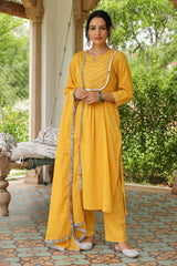 Mustard Cotton Solid Round Neck Suit Set