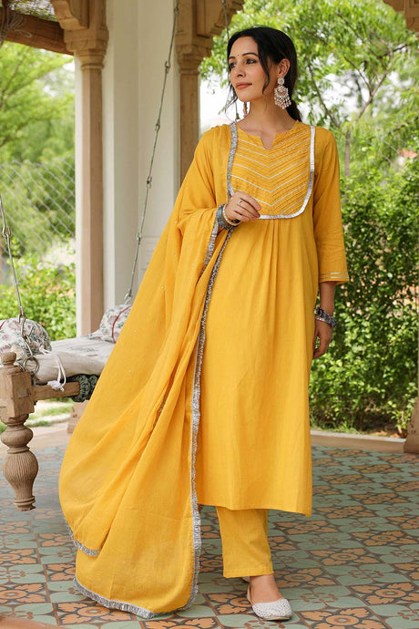 Mustard Cotton Solid Round Neck Suit Set