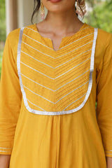 Mustard Cotton Solid Round Neck Suit Set