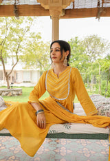 Mustard Cotton Solid Round Neck Suit Set