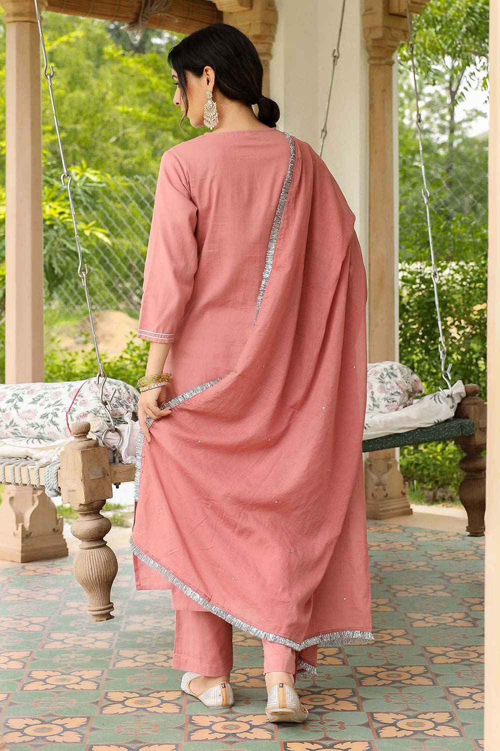 Dusty Pink Cotton Solid Round Neck Suit Set