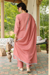 Dusty Pink Cotton Solid Round Neck Suit Set