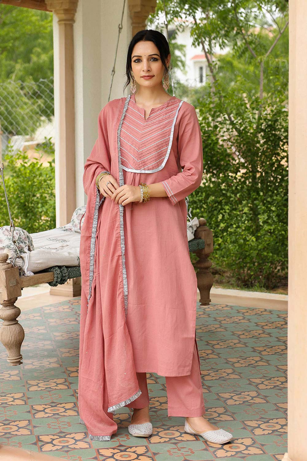 Dusty Pink Cotton Solid Round Neck Suit Set