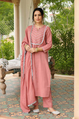 Dusty Pink Cotton Solid Round Neck Suit Set