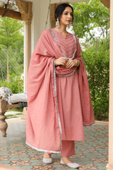 Dusty Pink Cotton Solid Round Neck Suit Set