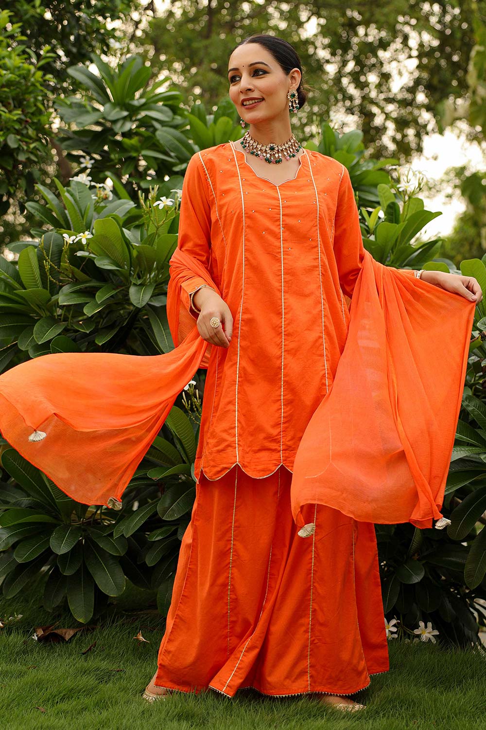 Tangerine Orange Cotton Embellished Sweet Heart Neck Anarkali Suit Set