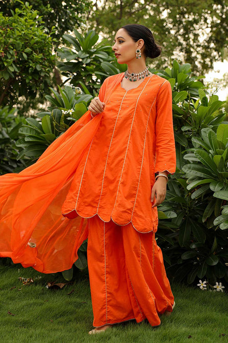 Tangerine Orange Cotton Embellished Sweet Heart Neck Anarkali Suit Set