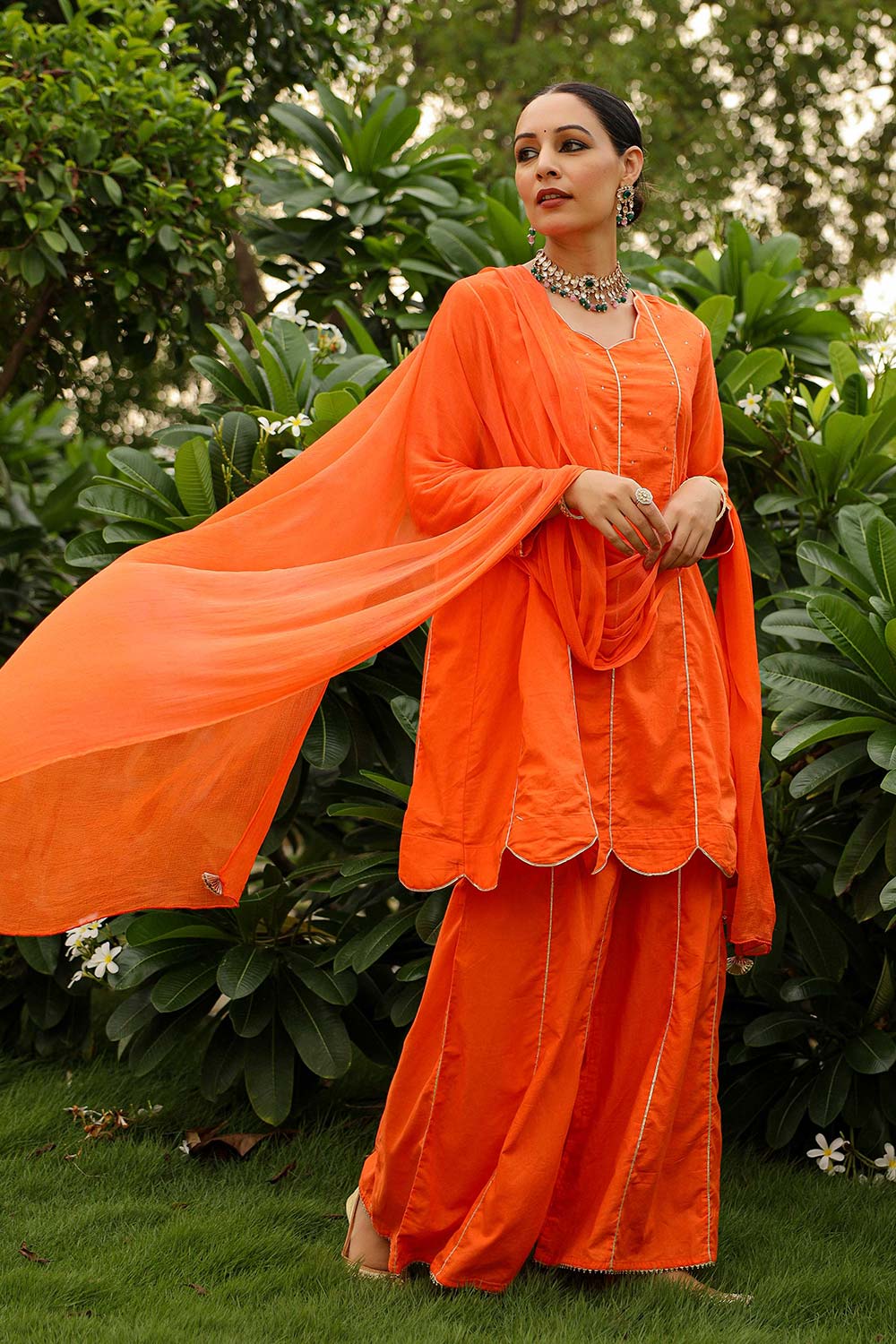 Tangerine Orange Cotton Embellished Sweet Heart Neck Anarkali Suit Set