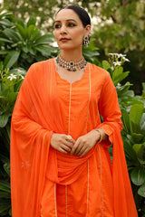 Tangerine Orange Cotton Embellished Sweet Heart Neck Anarkali Suit Set