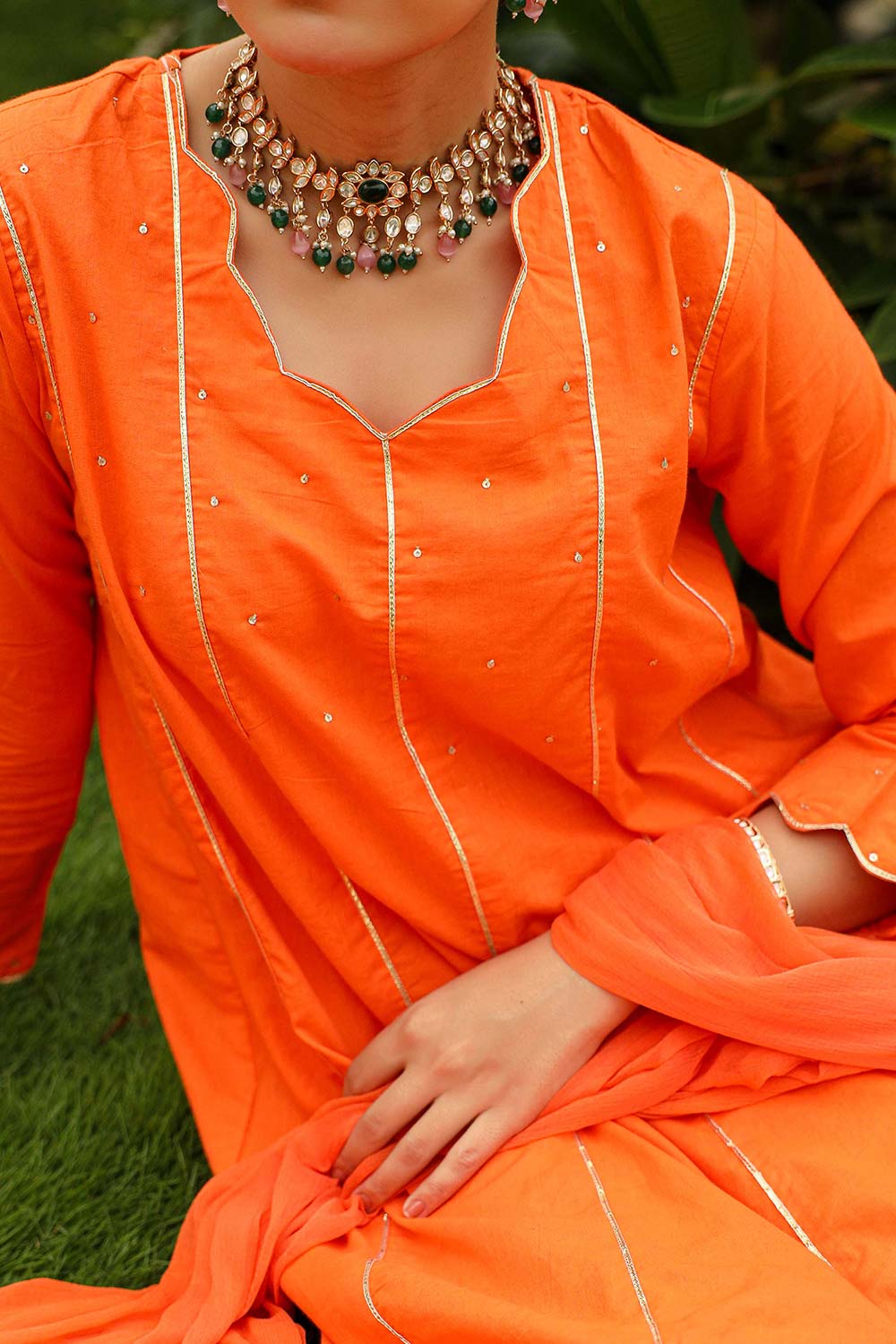 Tangerine Orange Cotton Embellished Sweet Heart Neck Anarkali Suit Set