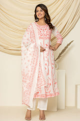 Peach Aari Embroidered Suit Set With Pant And Dupatta