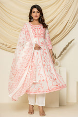 Peach Aari Embroidered Suit Set With Pant And Dupatta