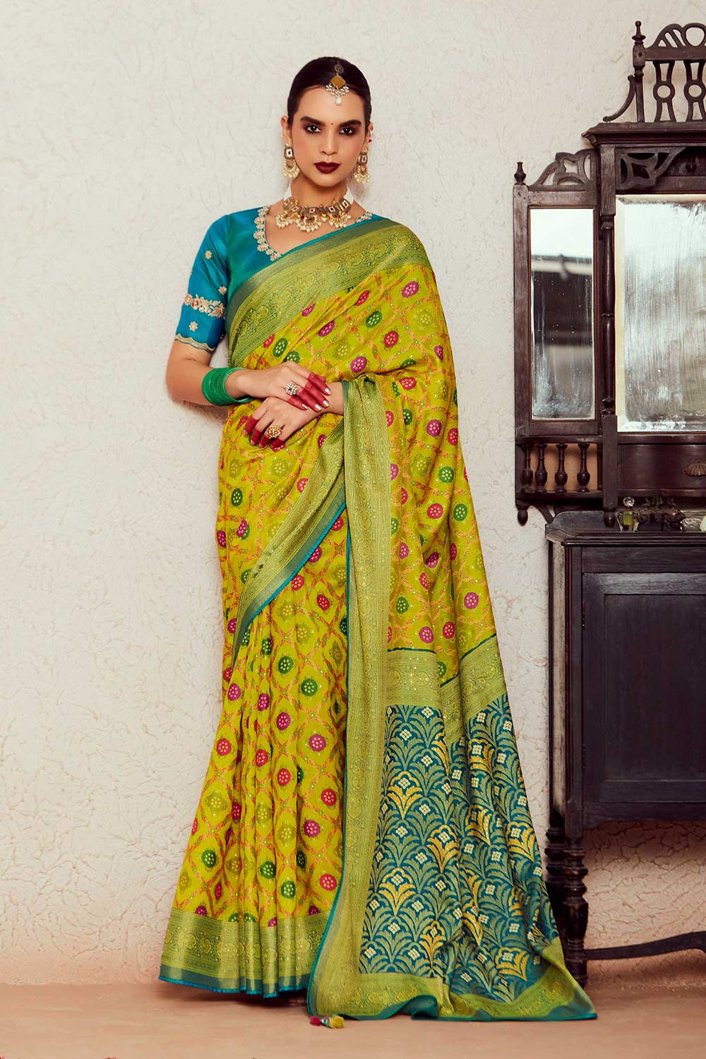 Yellow Silk Brasso Print Saree