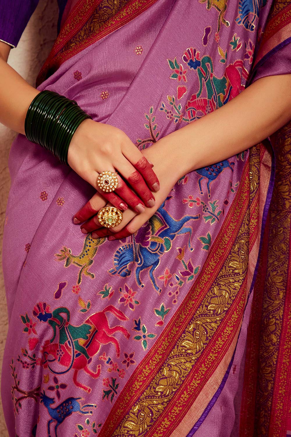 Dark Pink Silk Brasso Print Saree