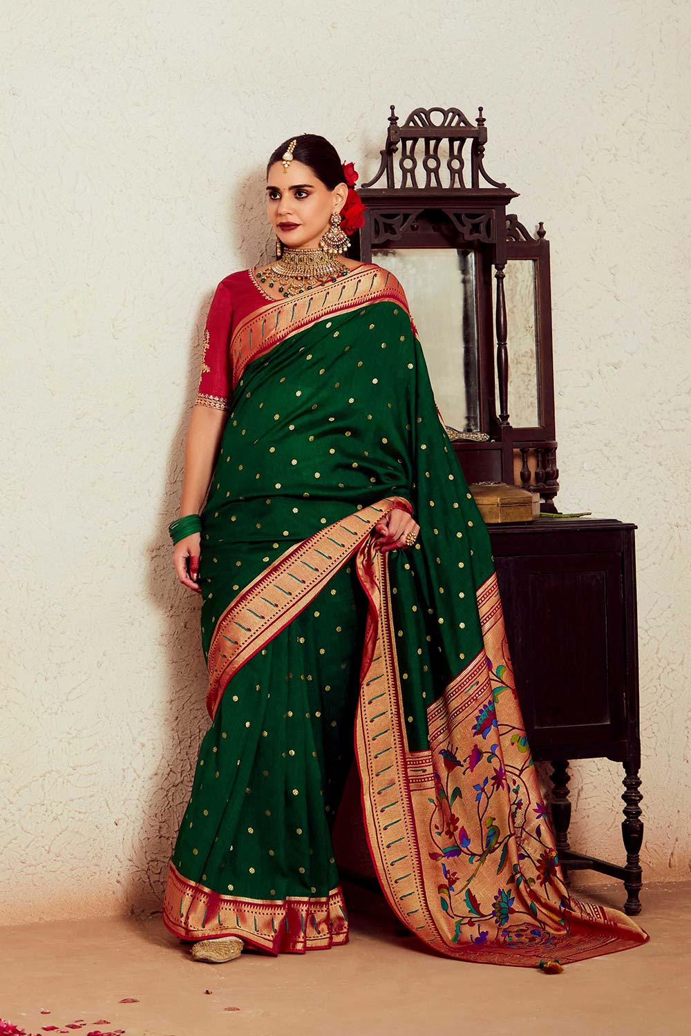 Dark Green Silk Brasso Print Saree