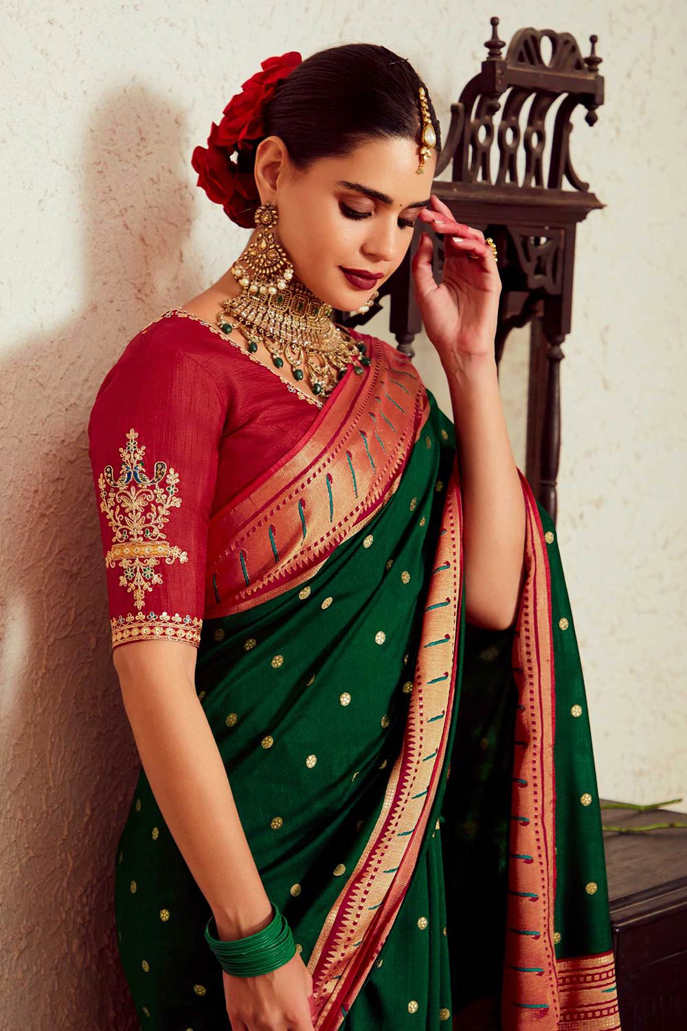 Dark Green Silk Brasso Print Saree