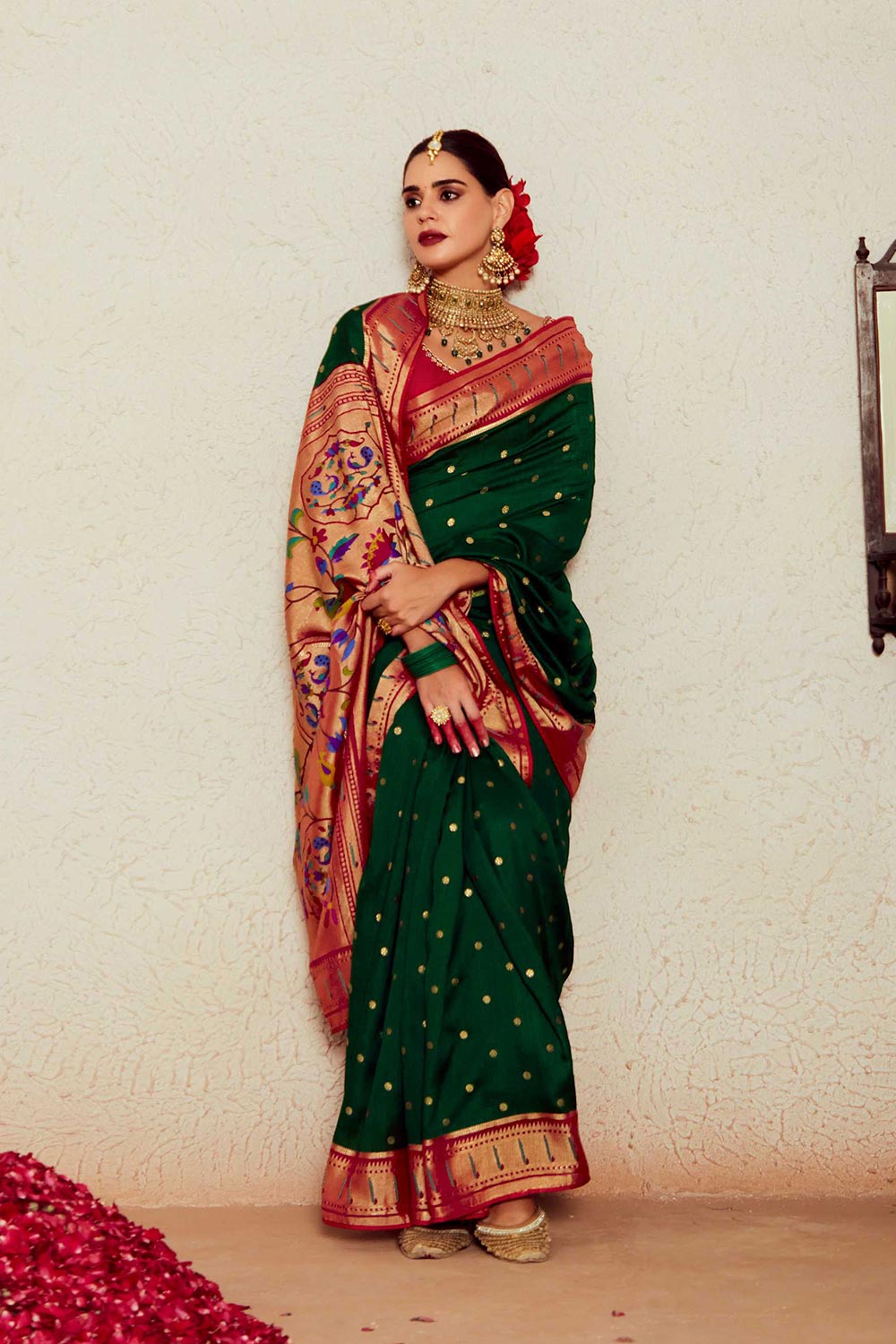 Dark Green Silk Brasso Print Saree