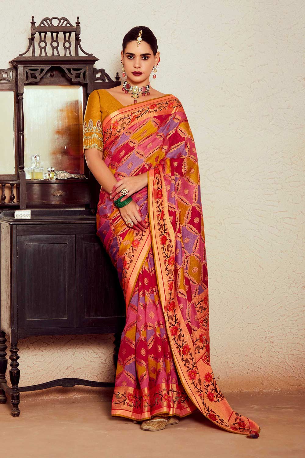 Multicolor Silk Brasso Print Saree